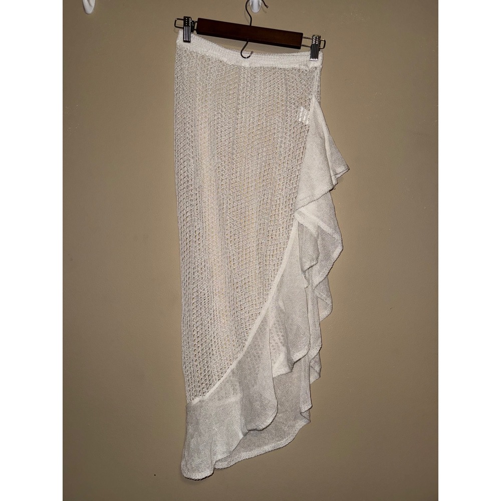 White Crochet Knit Ruffle Maxi Skirt Boho Beach Cover Up M Resort Festival Vaca